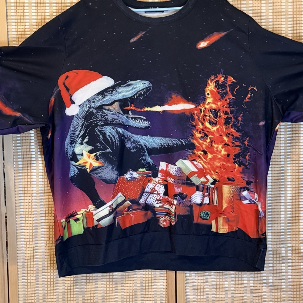 SSLR T-Rex Christmas Shirt Mens 4XL Black Graphic Ugly Long Sleeve Holiday Party